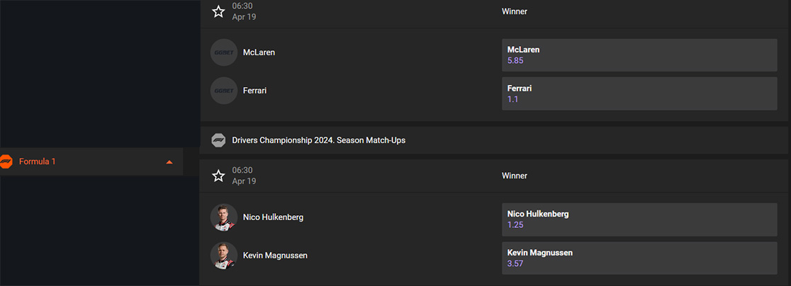 Examples of bets on Formula 1. 